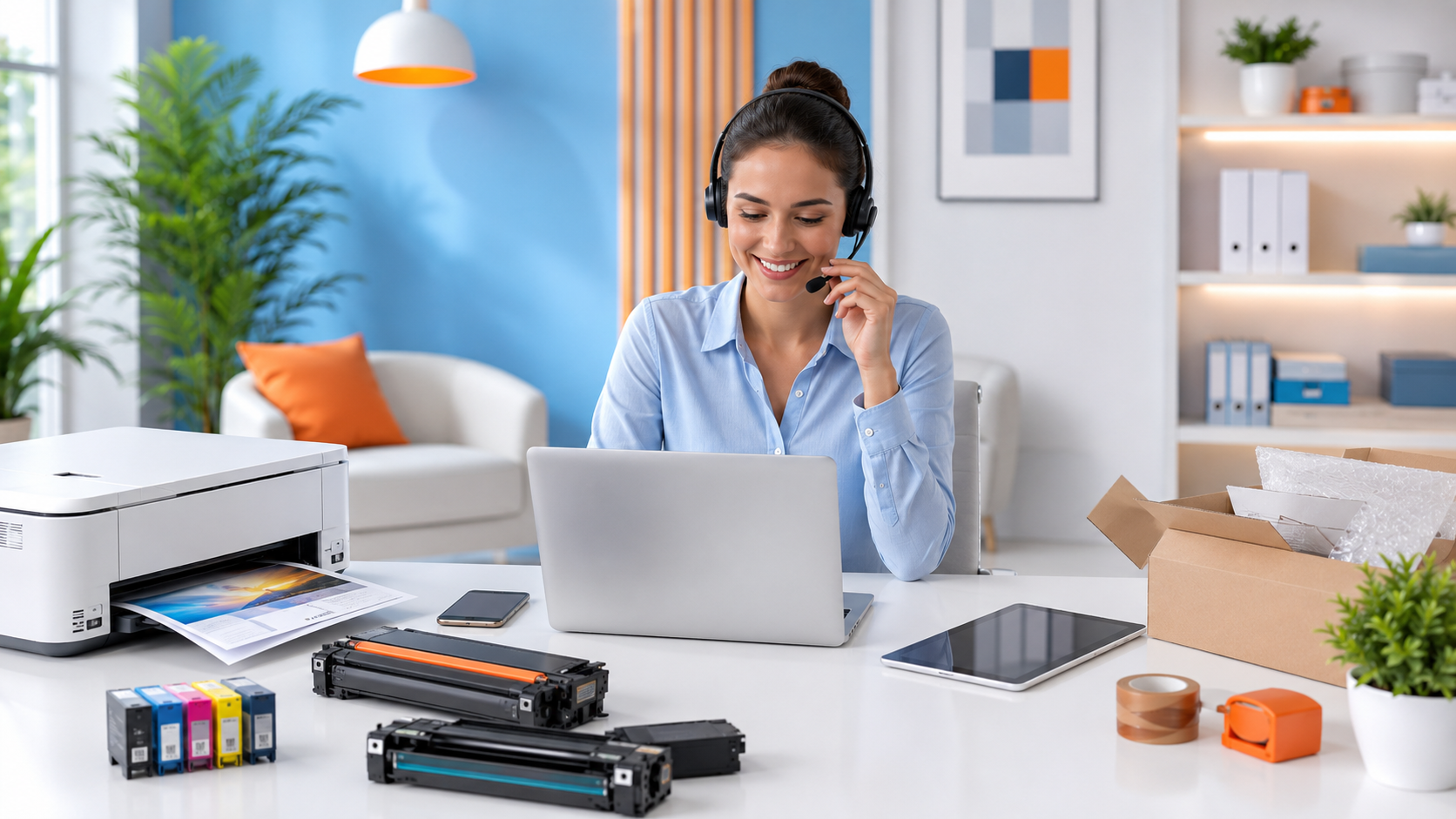 Customer care desk with laptop and office supplies